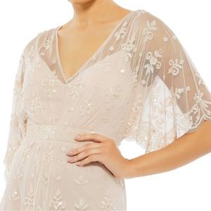 Mac Duggal V Neck Flutter Sleeve Embellished Mesh Gown ~